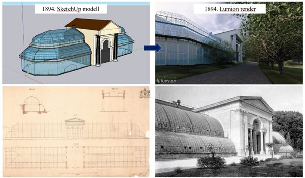 Ybl Miklós tervei alapján készült pálmaház és modellje SketchUp és Lumion szoftver alapján (forrás: Limbach Noémi, ybl.bparchiv.hu 2024)