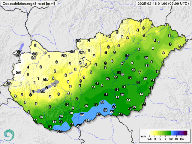 5 napos csapadékösszeg 2025. február 16-ig (mm)