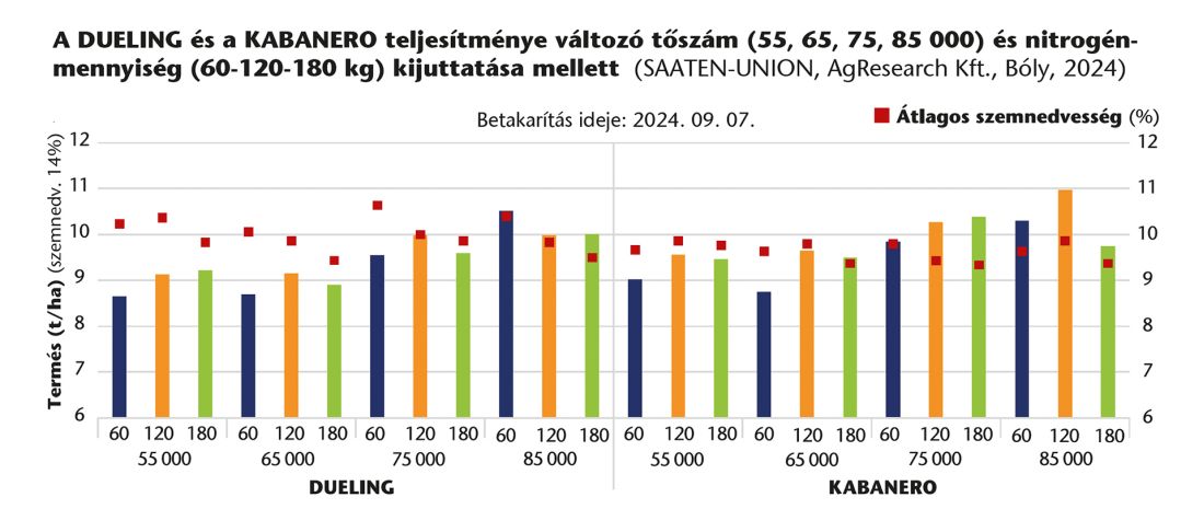 A DUELING és a KABANERO teljesítménye változó tőszám és nitrogén-mennysiég kijuttatása mellett