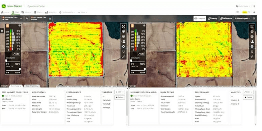 A John Deere Operations Center Field Analyzer lehetővé teszi a térképrétegek összehasonlítását a termesztési éveken belül és azok között