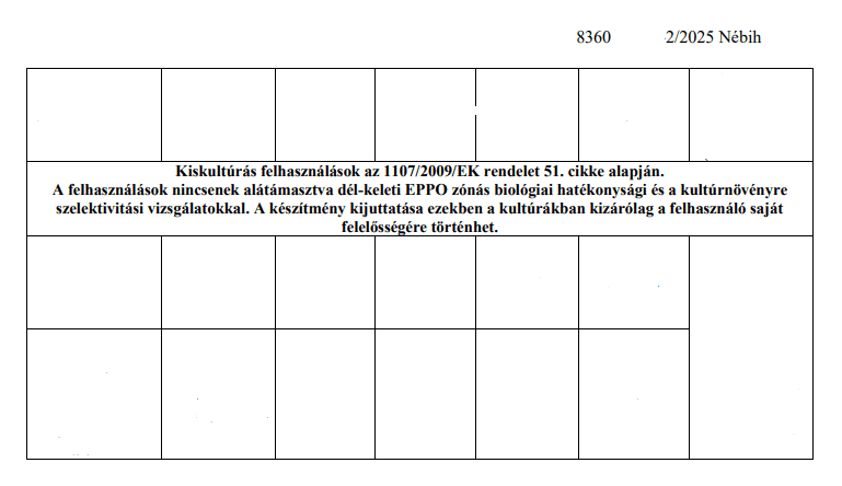 Nébih-engedélyokiratban feltüntetett kiskultúrás felhasználás - forrás Nébih
