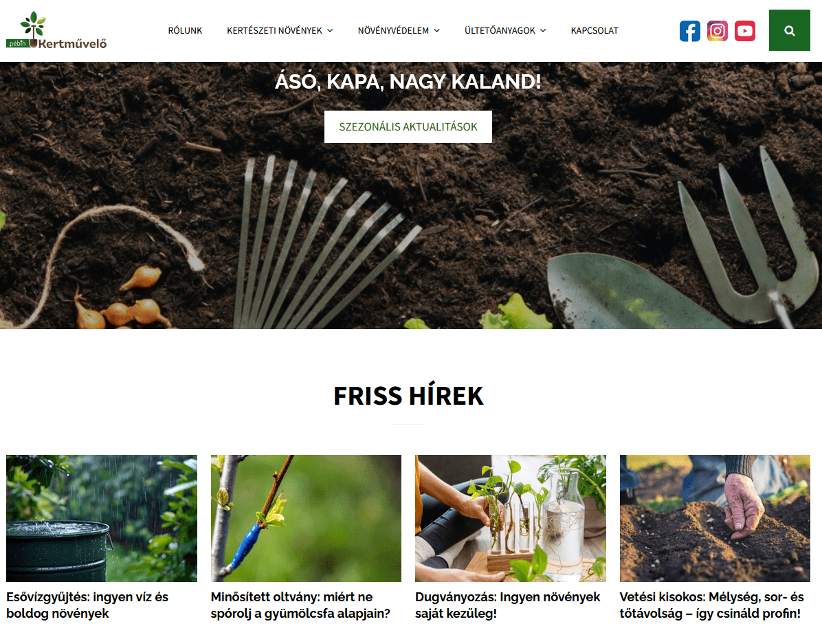 A Kertművelők hivatalos weboldalának kezdőlapja friss hírekkel fogad